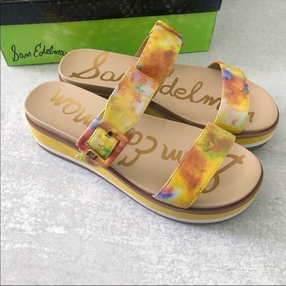 Sam Edelman Agustine Platform Sandals Lemon Zest Multicolor Leather NEW - Picture 1 of 7